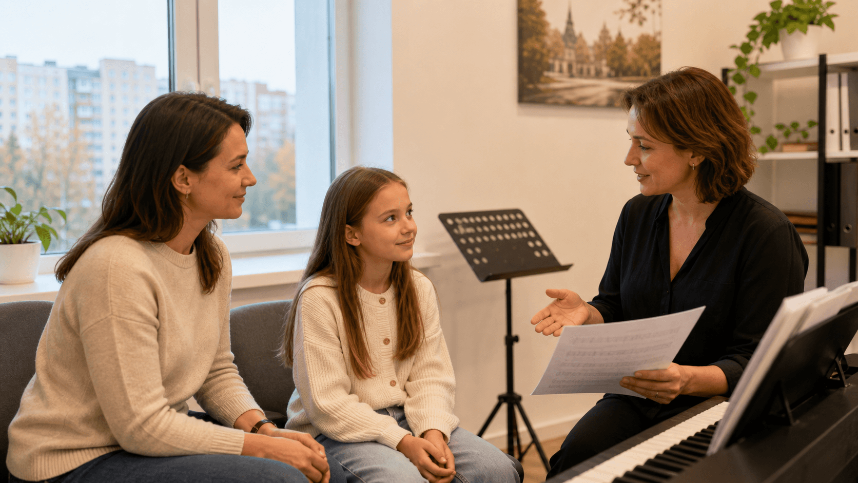 Родитель и ребёнок знакомятся с преподавателем вокала в спокойной студии